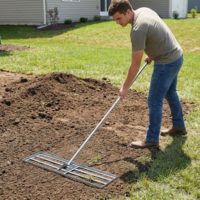 Lawn Leveling Rake with 177cm Adjustable Long Handle and Anti-Slip Grip-Black