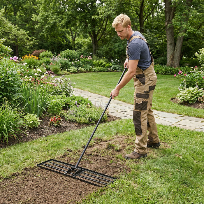 Lawn Leveling Rake with Adjustable Handle and Rotating U-Head for Topsoil-