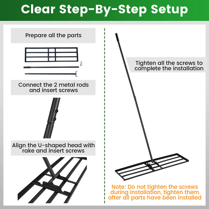 Lawn Leveling Rake with Adjustable Handle and Rotating U-Head for Topsoil-