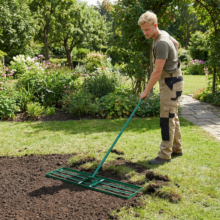 Lawn Leveling Rake with Adjustable Handle and Rotating U-Head for Topsoil-