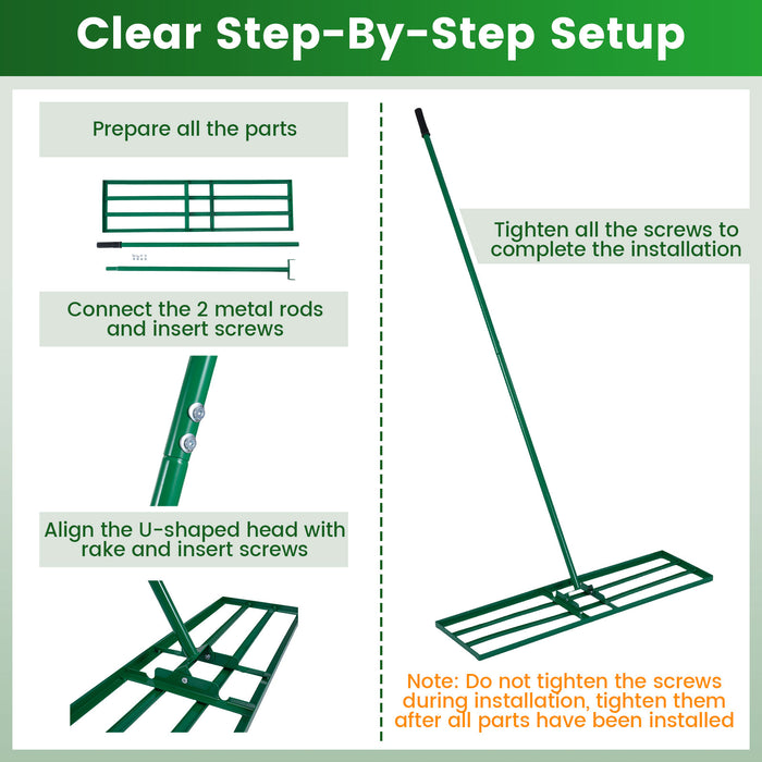 Lawn Leveling Rake with Adjustable Handle and Rotating U-Head for Topsoil-