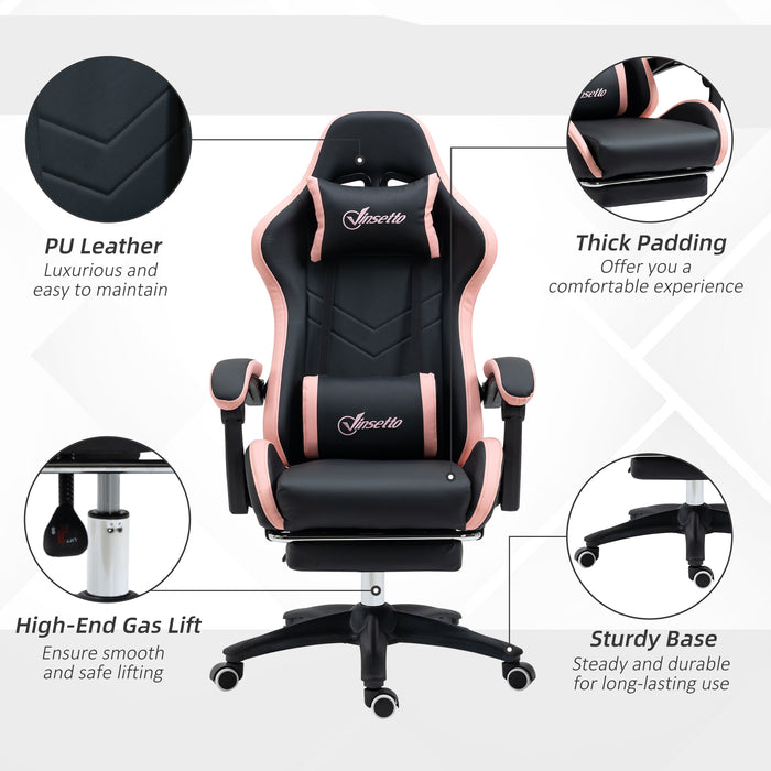 Vinsetto Computer Gaming Chair, PU Leather Desk Chair with Footrest, Swivel Task Chair with 135° Reclining Back and Lumbar Support, PC Chair for Adults, Black and Pink