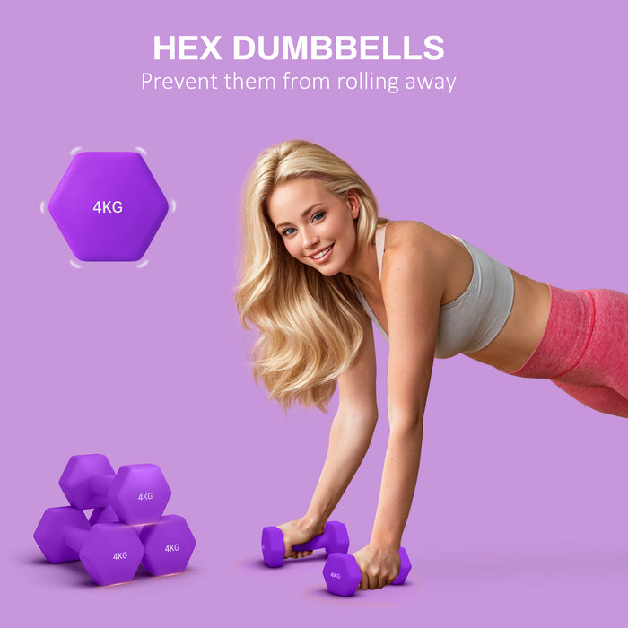 Hexagonal Dumbbells 2-Pack - 4kg Each with Non-Slip Grip, Home Gym Equipment, Purple - Ideal for Strength Training and Fitness Enthusiasts