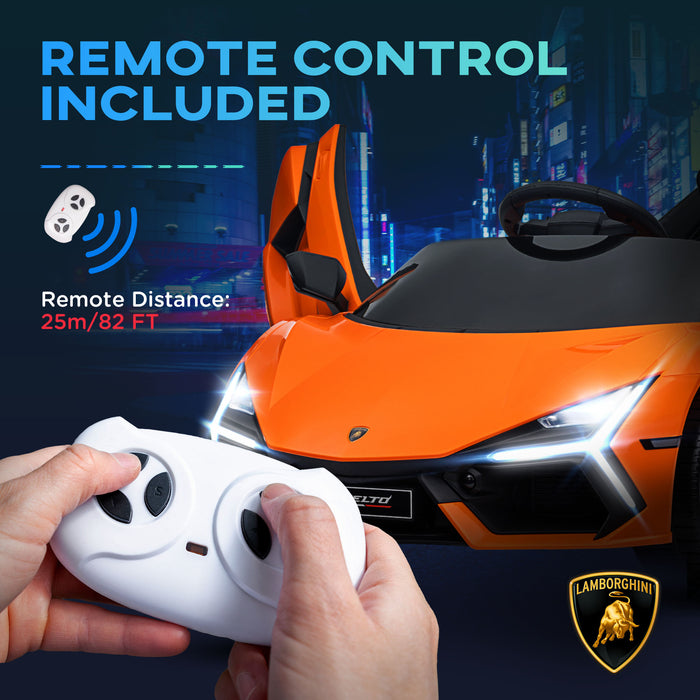 AIYAPLAY Lamborghini Revuelto Licensed 12V Ride on Car w/ Butterfly Doors Training Wheels, Suspension, Remote Control Orange | Aosom UK