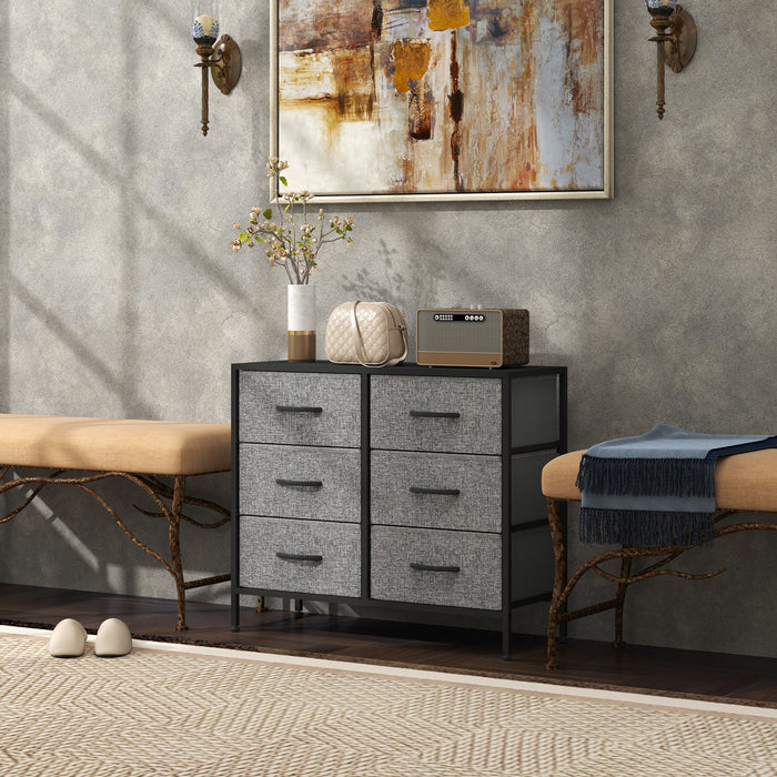HOMCOM Fabric Chest of Drawers, Industrial Storage Bedroom Dresser with 6 Fabric Drawers, Steel Frame and Wooden Top for Nursery, Living Room, Hallway, Black