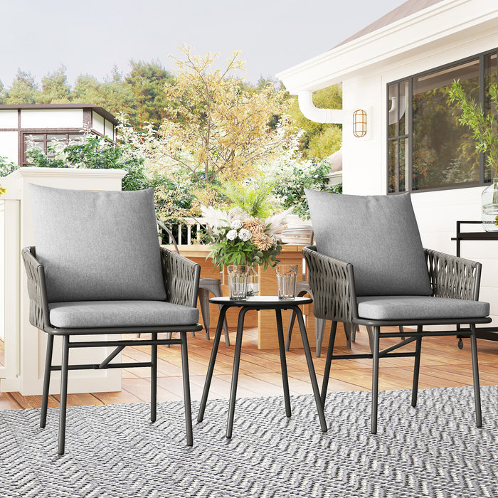Outsunny 3-Piece Rattan Bistro Set, Garden Table and Chairs with 4 Cushions, Patio Rattan Conversation Furniture Set for Balcony, Porch, Terrace, Grey