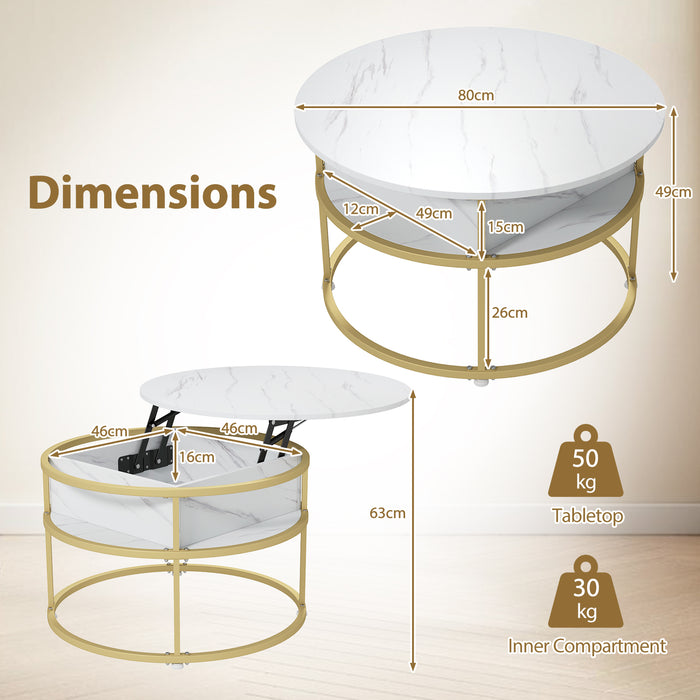 80cm Lift Top Coffee Table with Hidden Compartment and Side Shelves-