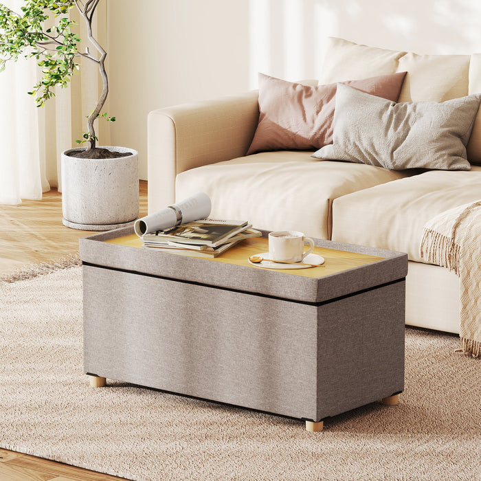Linen Fabric Storage Ottoman Bench with Tray and Rubber Wood Legs-