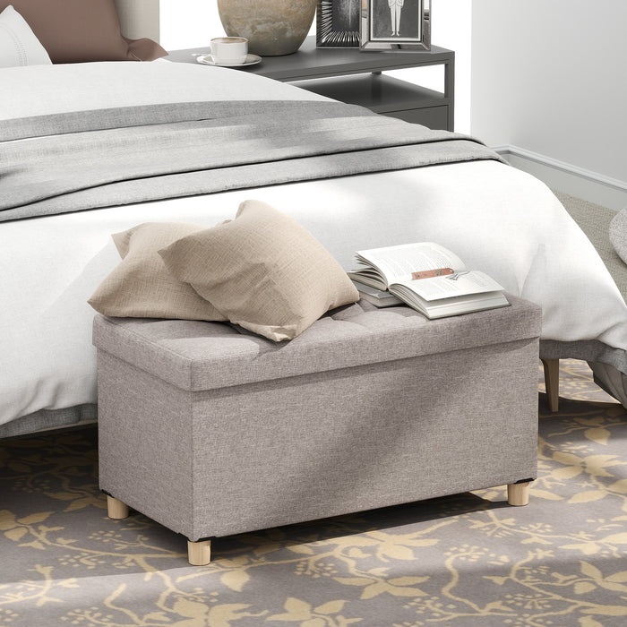 Linen Fabric Storage Ottoman Bench with Tray and Rubber Wood Legs-