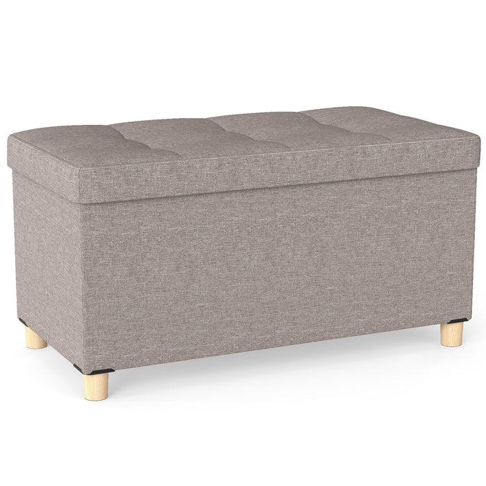 Linen Fabric Storage Ottoman Bench with Tray and Rubber Wood Legs-