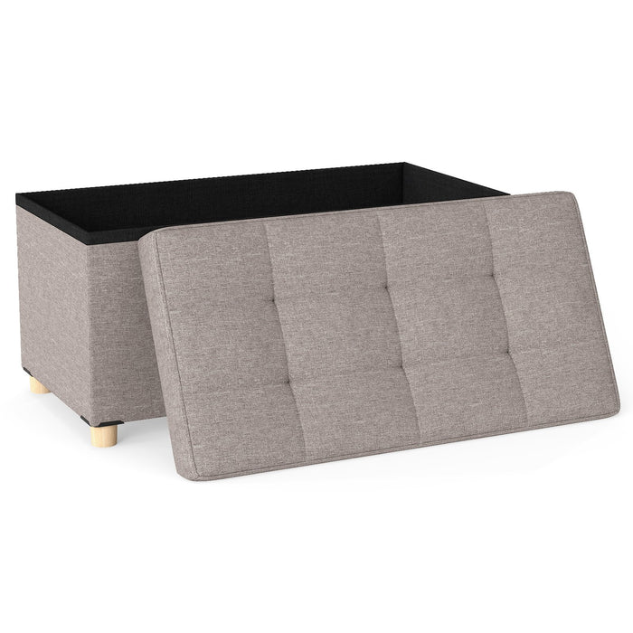 Linen Fabric Storage Ottoman Bench with Tray and Rubber Wood Legs-