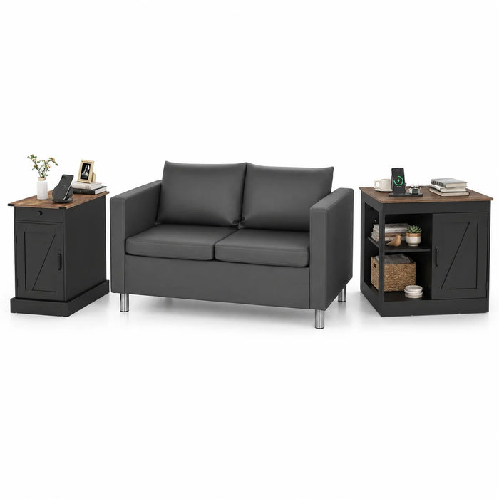 Living Room Set with End Table Farmhouse Nightstand and 2-Seater PU Leather Sofa Loveseat