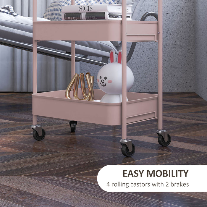 HOMCOM Three-Tier Steel Storage Trolley - Pink | Aosom UK
