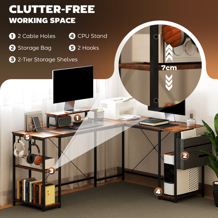 HOMCOM 168cm Reversible L Shaped Desk, Industrial Corner Computer Desk with Adjustable Shelf and Storage Bag, 240cm 2 Person Desk with Monitor Stand, Rustic Brown