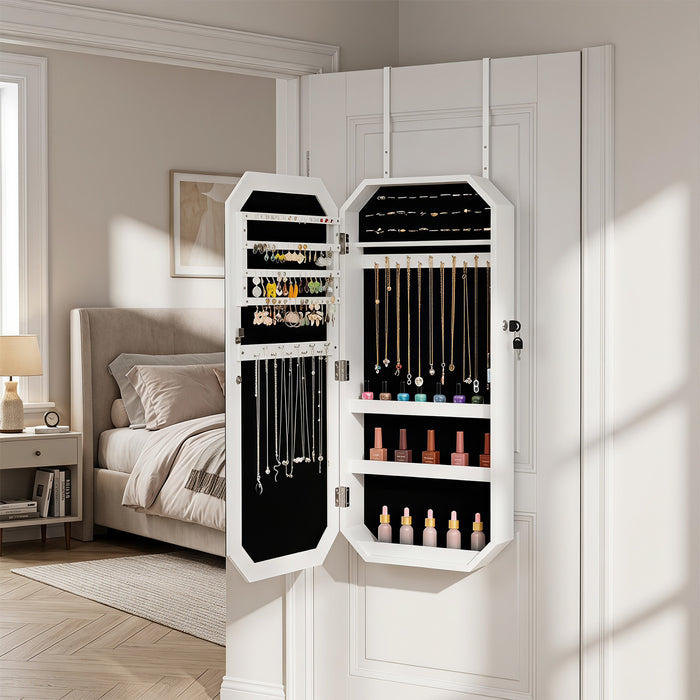 Lockable Full-Length Mirror Jewelry Cabinet with Storage Shelves for Bedroom-