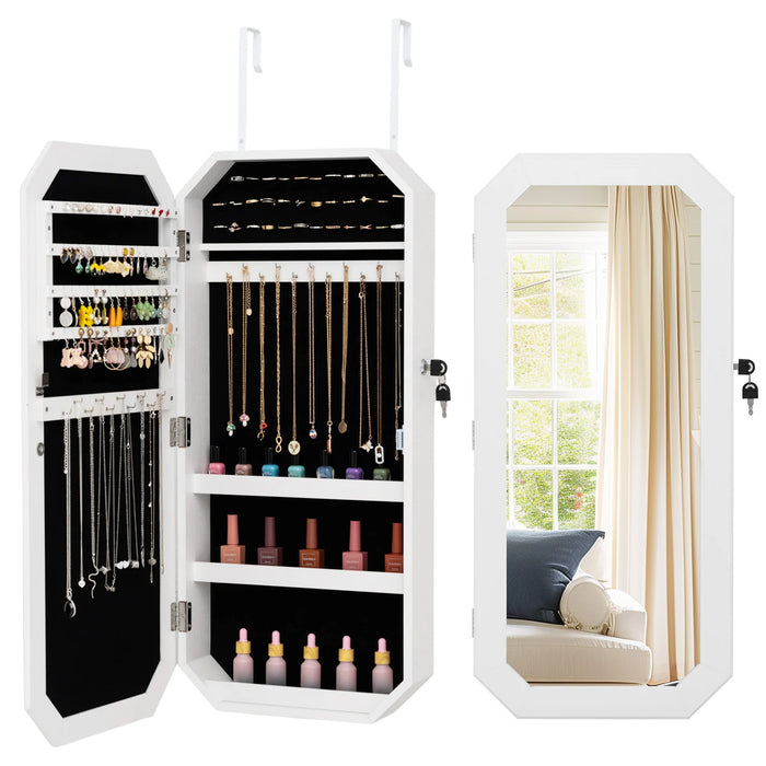 Lockable Full-Length Mirror Jewelry Cabinet with Storage Shelves for Bedroom-