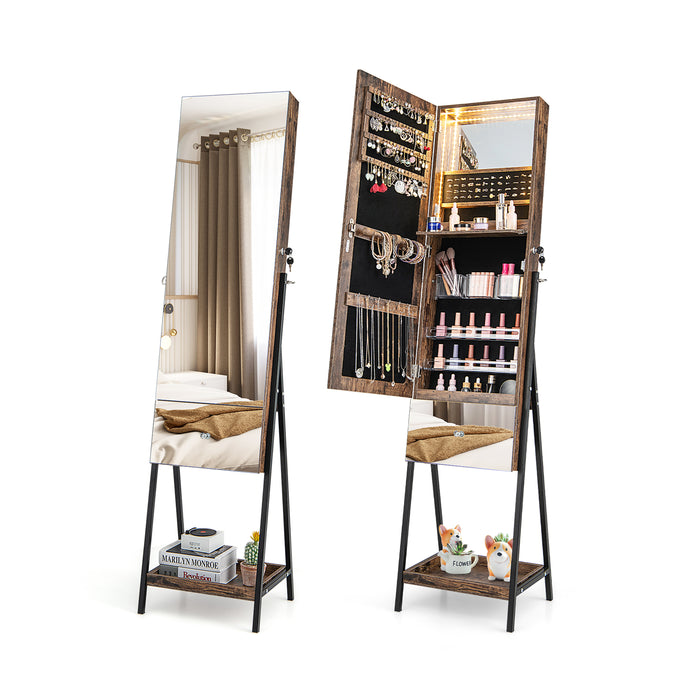 Lockable Freestanding Jewelry Cabinet Armoire with Full-Length Frameless Mirror-Rustic Brown