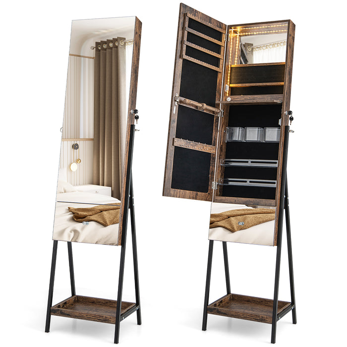 Lockable Freestanding Jewelry Cabinet Armoire with Full-Length Frameless Mirror-Rustic Brown