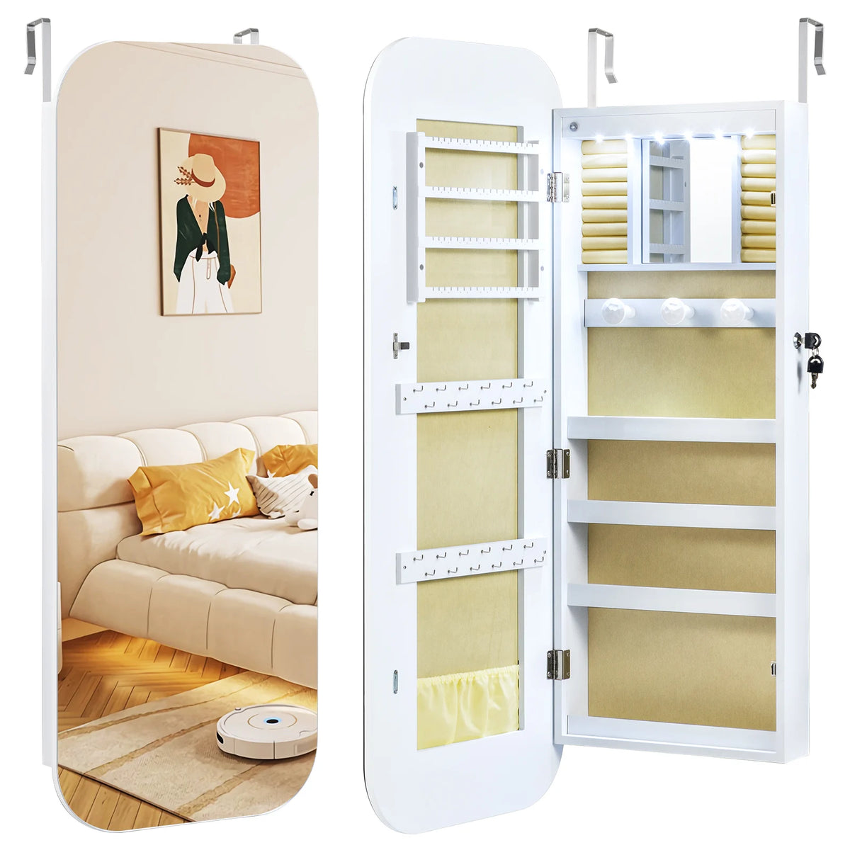 Lockable Jewelry Cabinet with Full-Length Mirror and Storage Shelves-