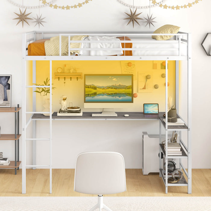 Loft Bed with Desk Single Platform Bed with LED Charging Station and Storage-Black