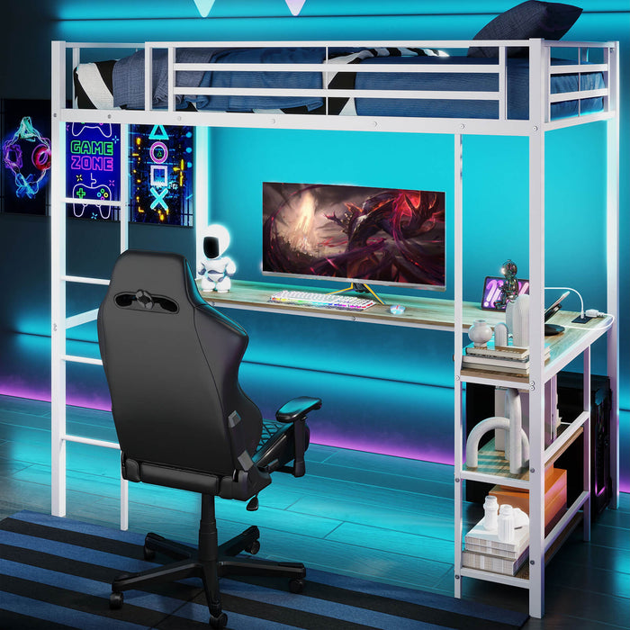 Loft Bed with Desk Single Platform Bed with LED Charging Station and Storage-Black