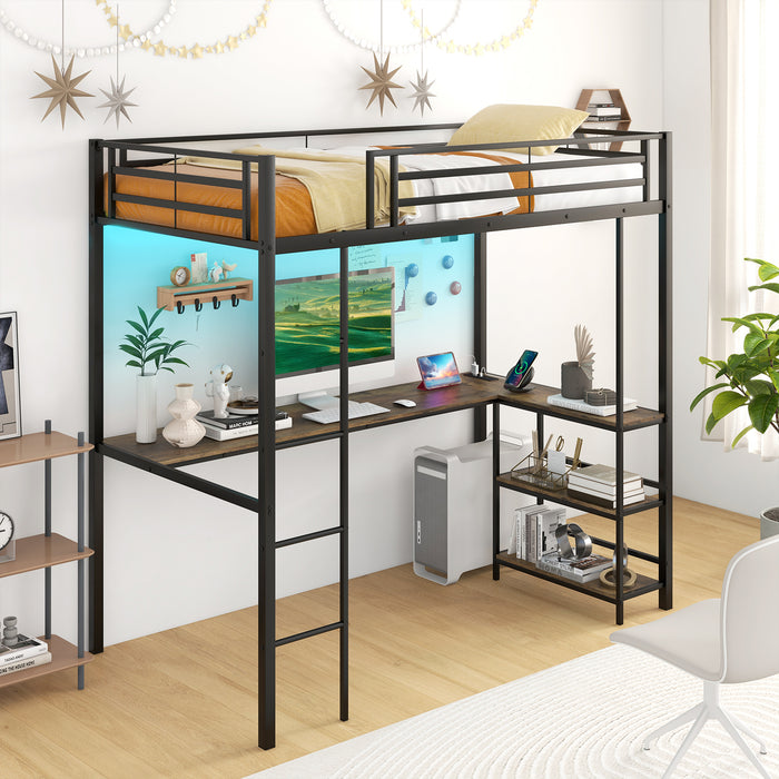 Loft Bed with Desk Single Platform Bed with LED Charging Station and Storage-Black