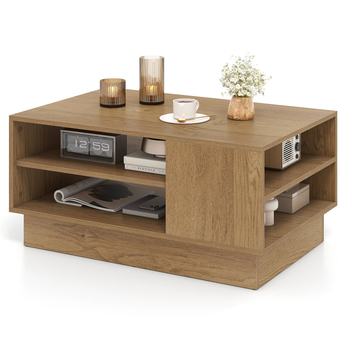 Modern Rectangle Coffee Table with 2-Tier Open Storage Shelves-Natural ...