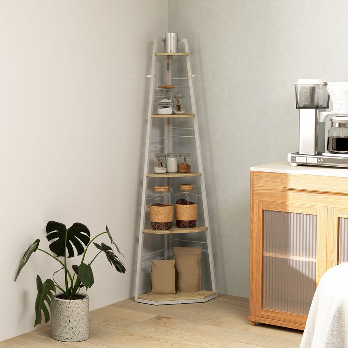 HOMCOM 5-Tier Corner Shelf - Natural Wood Finish