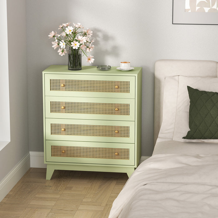 HOMCOM Chest of Drawers, 4-Drawer Storage Organiser Unit with Rattan Element for Bedroom, Living Room, Light Green