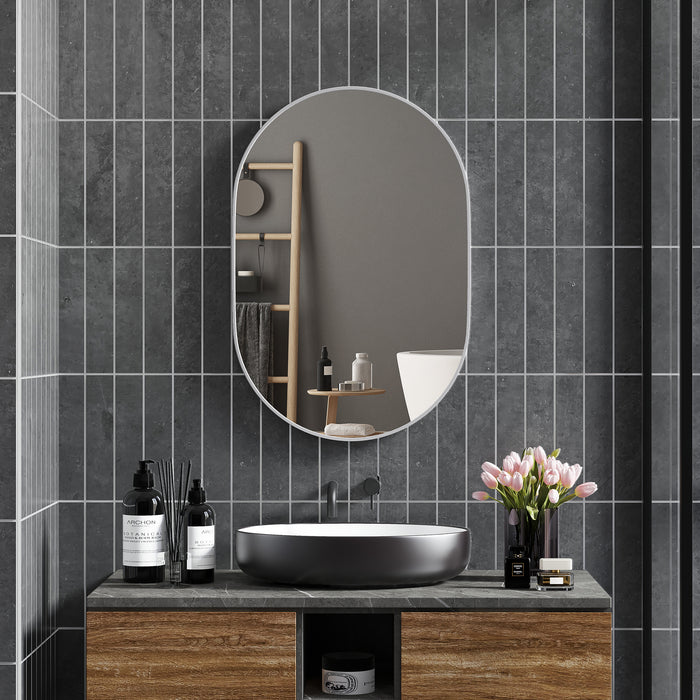 Modern Oval Wall-Mounted Mirror - Aluminum-Framed Vanity Mirror for Bathroom or Living Room, 60x90 cm - Versatile Hanging Options, Silver Finish for Entryways and Home Decor