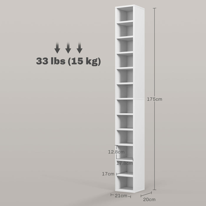 HOMCOM 204 CD Storage Unit, DVD Storage Tower with 12 Cubes, 175cm Tall Bookcase for Living Room, Home Office, Study Room, White