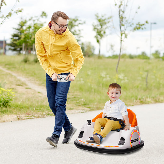 AIYAPLAY 360° Rotation Kids Bumper Car, 12V Waltzer Car with Remote Control, Dual Joysticks, Music Lights - Orange | Aosom UK