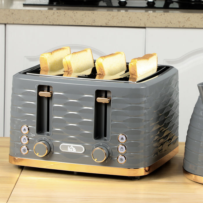 HOMCOM 4 Slice Toaster with 7 Browning Levels, High Lift, Reheat/Defrost/Cancel, Self-centring Function, Removable Crumb Tray, Auto Off, 1600W, Grey Water Ripple Texture