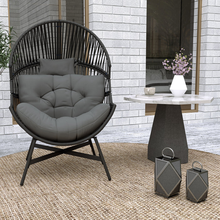Outsunny Standing Rattan Egg Chair Outdoor, Oversized Wicker Garden Egg Chair with Thick Tufted Cushion, Headrest, Steel Frame, Charcoal Grey