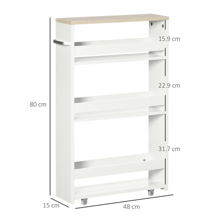 kleankin Storage Cart, 4-Tier Compact Storage Trolley on Wheels and Handle, 48W x 15D x 80H cm, White