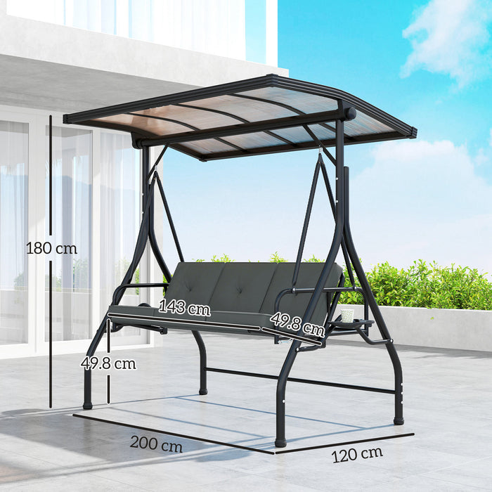 Outsunny 3 Seater Garden Swing Seat Bed with UPF30+ Adjustable Canopy, Convertible Swing Chair with Cushion, Outdoor Hammock Bench with Cup Trays for Balcony Patio, Dark Grey