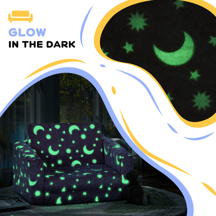 Kids Foldable 2-in-1 Chair with Glow-in-the-Dark Stars and Moon - Washable Cushion & Durable Cover, Blue - Perfect for Children's Creative Playtime and Relaxation