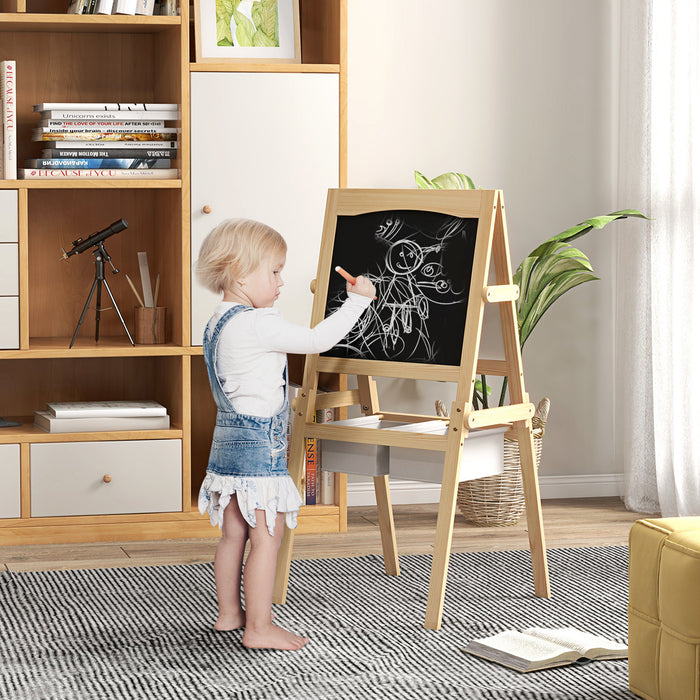 3 in 1 Kids Art Easel with Paper Roll - Double-Sided Whiteboard & Blackboard, Storage Baskets, Natural Wood Finish - Creative Play for Toddlers Ages 3-6 Years