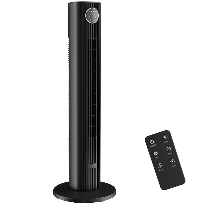 HOMCOM 28dB Tower Fan for Bedroom, 36 inch, 8 m/s Velocity Standing Cooling Fan with 80° Oscillating, BLDC Motor, 12 Speeds, LED Display, 4 Modes, 12H Timer, Remote Control, Black