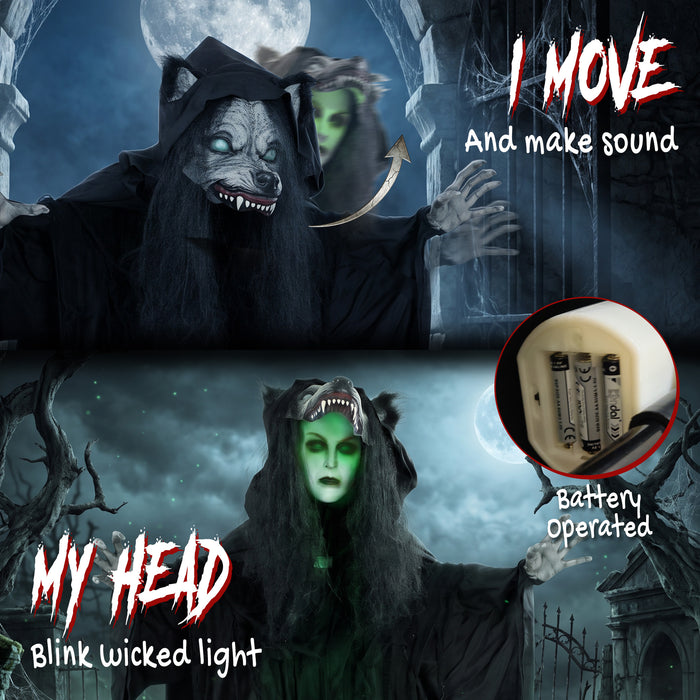 HOMCOM 67"/170cm Life Size Animated Ghost with Werewolf Mask, Halloween Decorations Outdoor Indoor, Scary Halloween Animatronic
