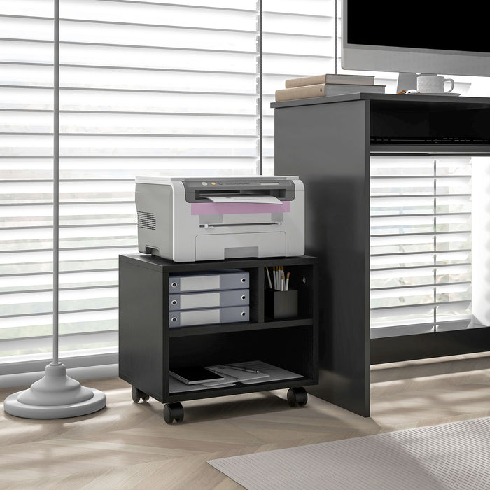 2-Tier Printer Stand with Storage - Under Desk Printer Cart with Wheels & 3 Compartments - Space-Saving Desktop Table for Home Office Use