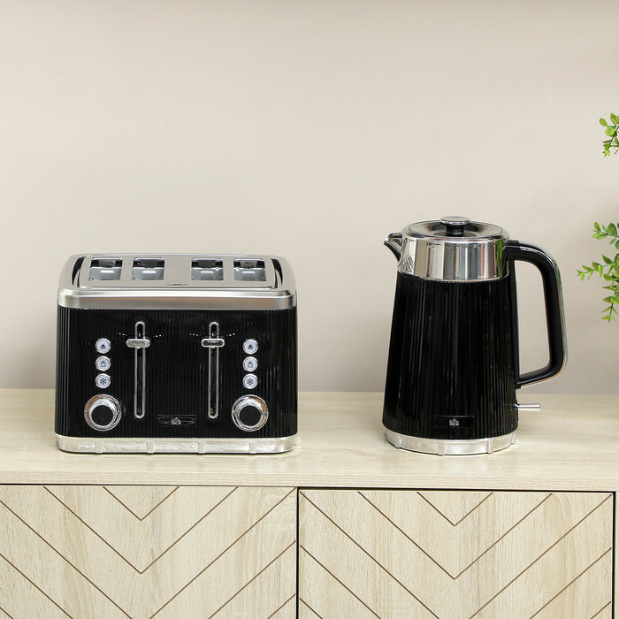 HOMCOM Electric Kettle and Toaster Set, 3000W 1.7L UK Strix Thermostat Rapid Boil Jug Kettle with Limescale Filter, Cool Touch Body, 4 Slice Toaster with 7 Browning Controls, Crumb Tray, Black