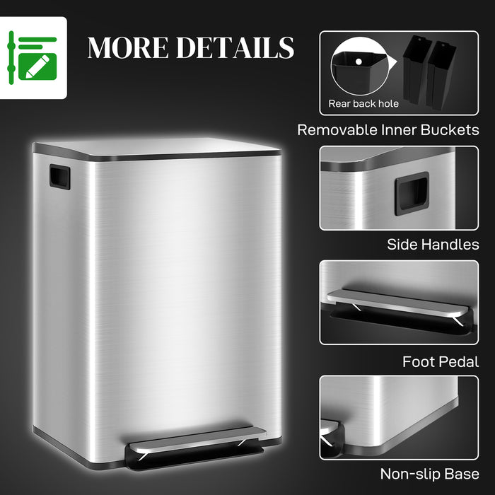 HOMCOM 60L Dual Compartment Stainless Steel Bin, with Deodoriser Holders - Silver Tone