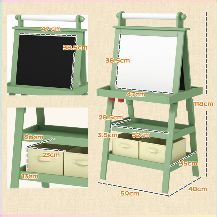 AIYAPLAY 3 in 1 Kids Easel Double-Sided Magnetic Whiteboard and Chalkboard with Paper Roll, Storage Baskets - Green | Aosom UK