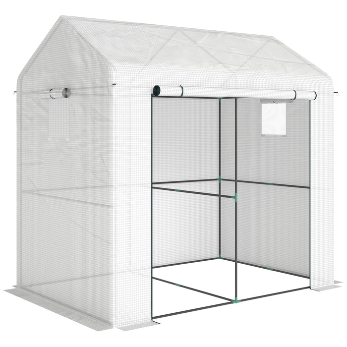 Outsunny Walk-in Greenhouse, Outdoor Tomato Greenhouse with Roll-up Door and Mesh Windows, PE Cover, 200 x 140 x 200cm, White