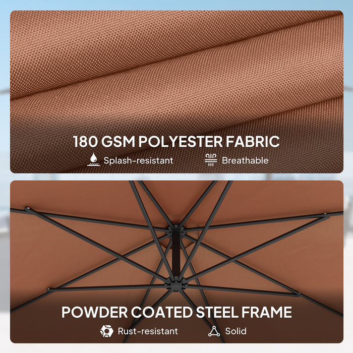 Outsunny 3 m Overhanging Cantilever Parasol, with Cross Base - Coffee