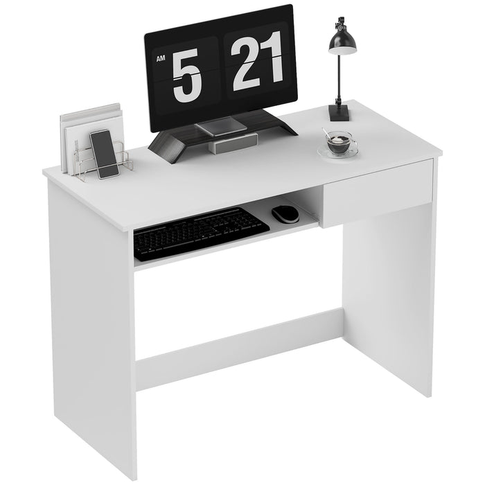 HOMCOM Compact Computer Desk with Keyboard Tray, Home Office Desk with Drawer for Bedroom Study, White