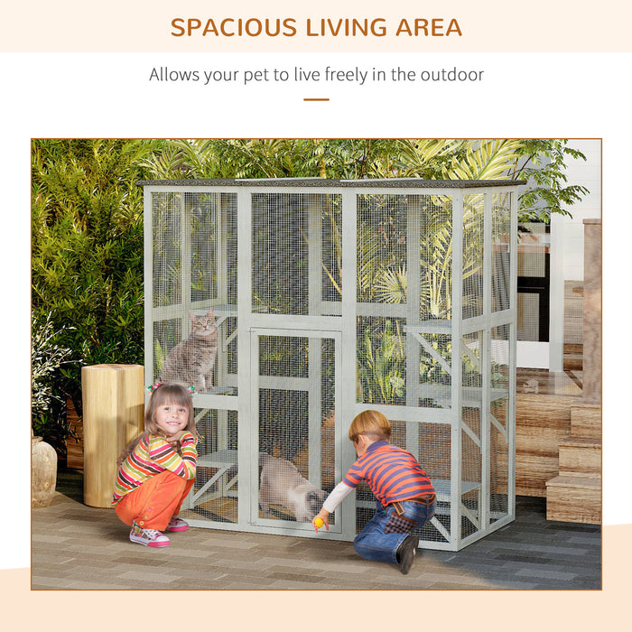 PawHut Wooden Catio Cat Outdoor Enclosure, Cat Cage with Waterproof Roof, Platforms, for Multiple Kittens, 180 x 98 x 180 cm