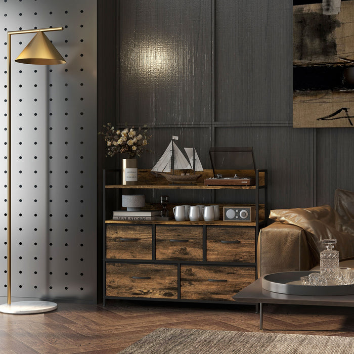 Rustic Wood-Effect Storage Unit - Chest with 5 Brown Fabric Drawers - Ideal Organizer for Bedroom or Living Spaces