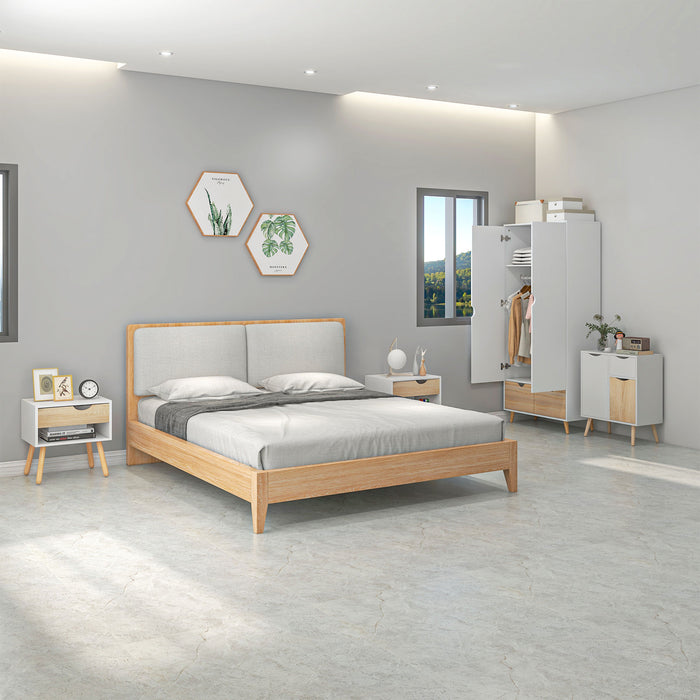 HOMCOM Bedroom Furniture Set, Wardrobe with Hanging Rail, Bedside Table, Floor Cabinet with Storage, Nature Wood Finish and White | Aosom UK